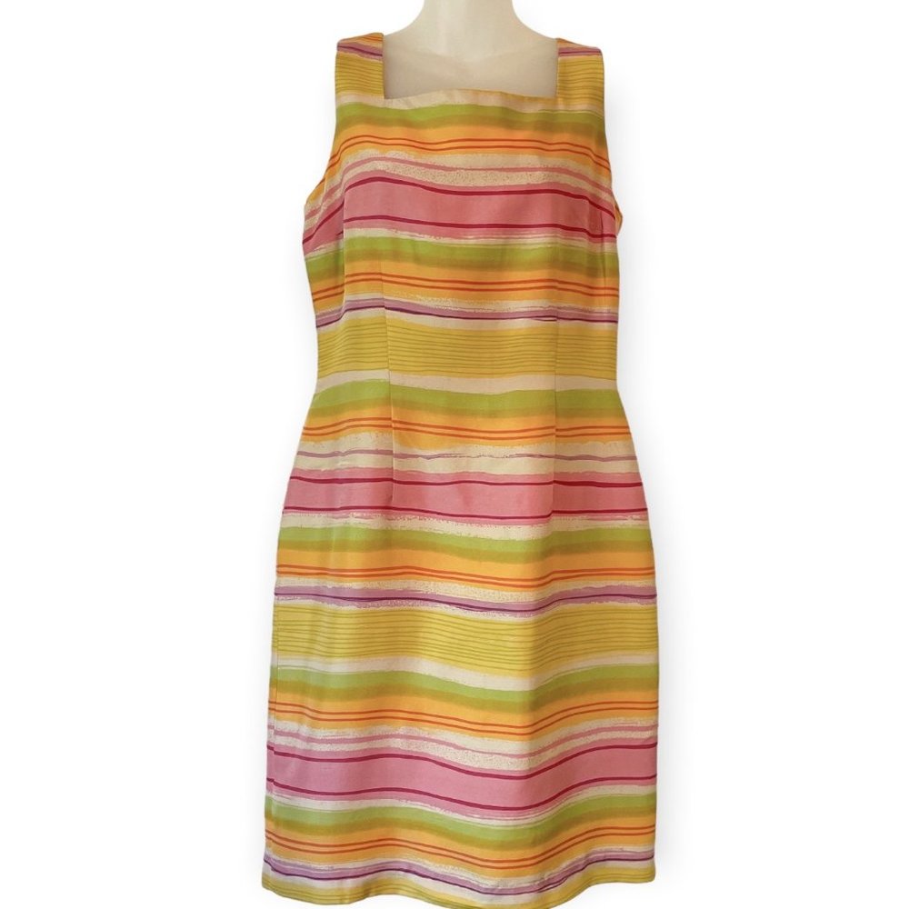 Vintage David Warren Silk Dress 6 Multicolored Striped Sleeveless Sheath Career